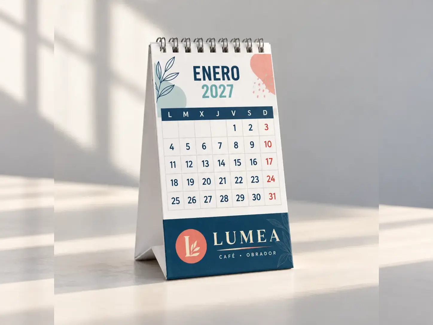 Calendario de sobremesa mensual mini A301 con publicidad ficticia Lumea impresa en toda la peana