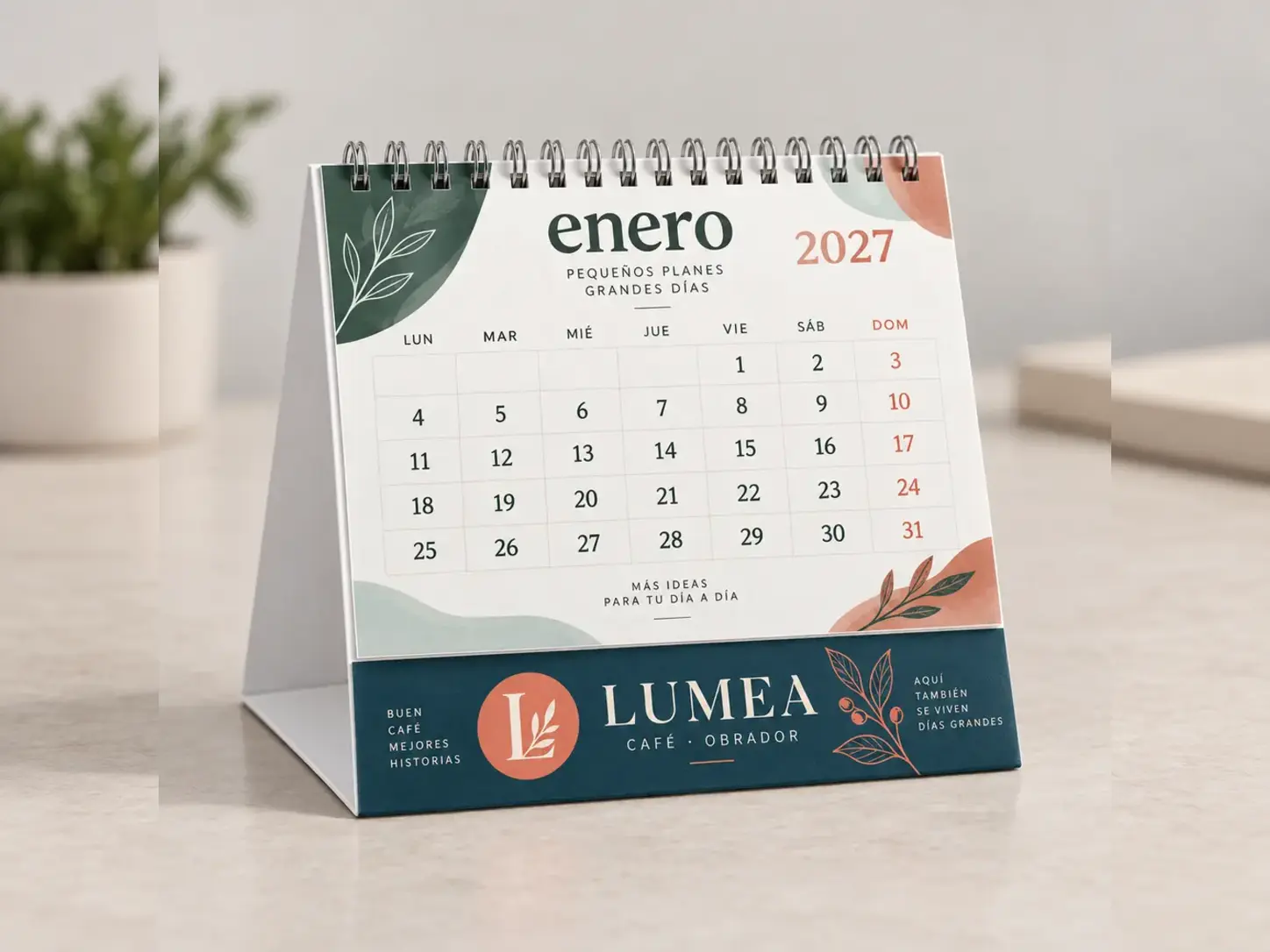 Calendario de sobremesa mensual doble A302 con publicidad ficticia Lumea impresa en toda la peana