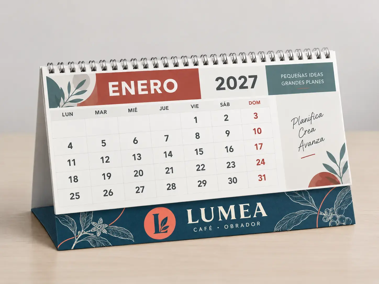 Calendario de sobremesa mensual A304 con publicidad ficticia Lumea impresa en toda la peana