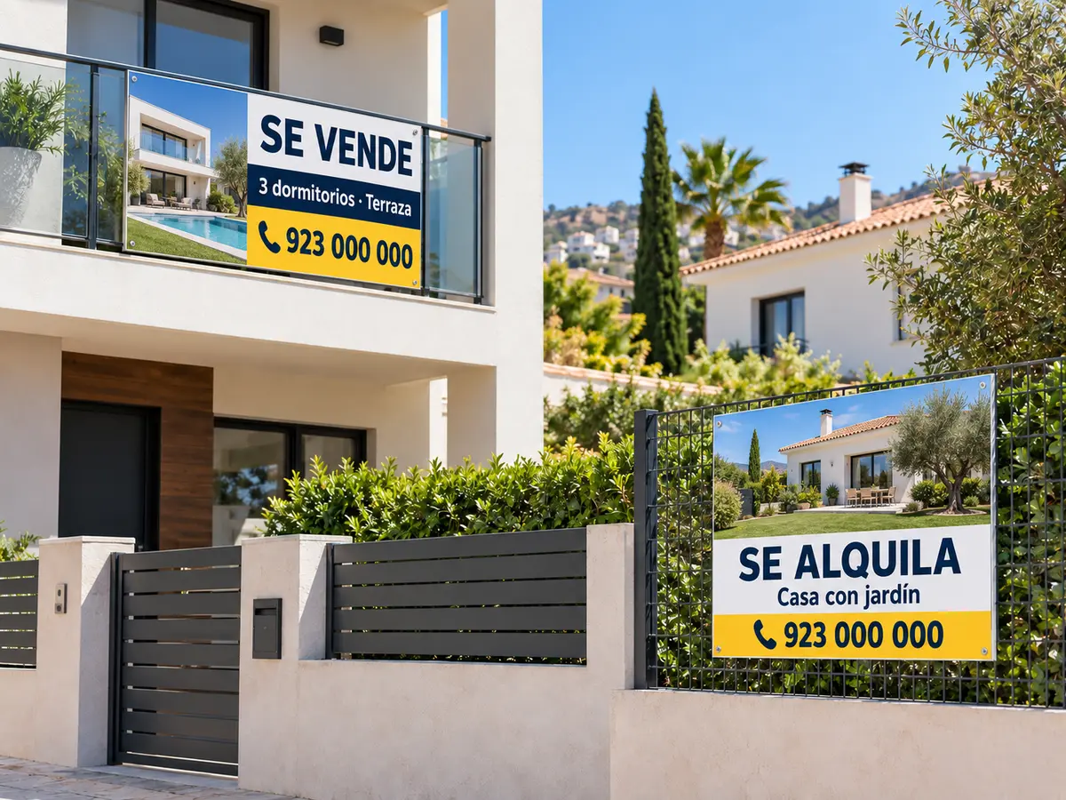 Carteles inmobiliarios grandes y visibles instalados en exterior