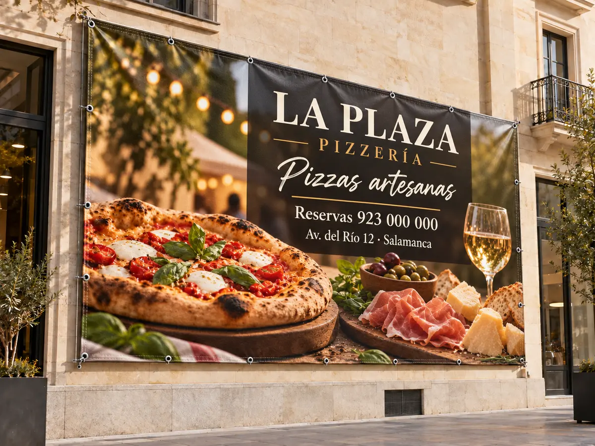 Lona publicitaria de gran formato instalada en una fachada