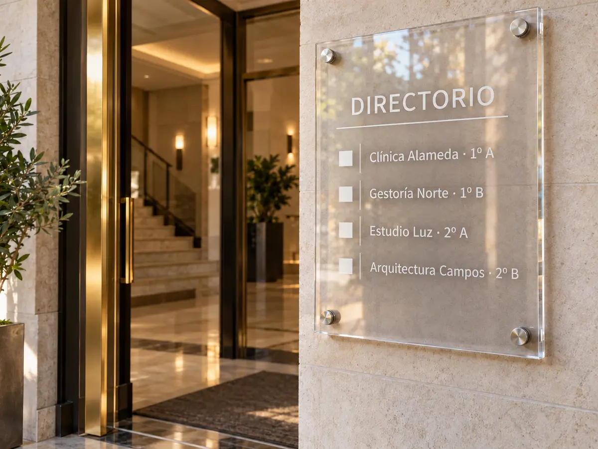 Placa profesional de metacrilato instalada en un portal