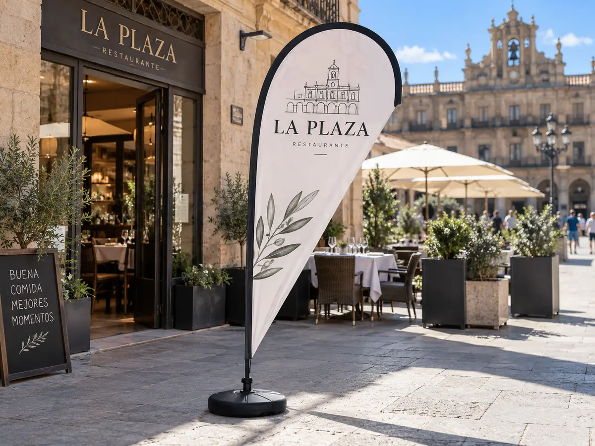 Fly banner Gota completo con base delante de un restaurante