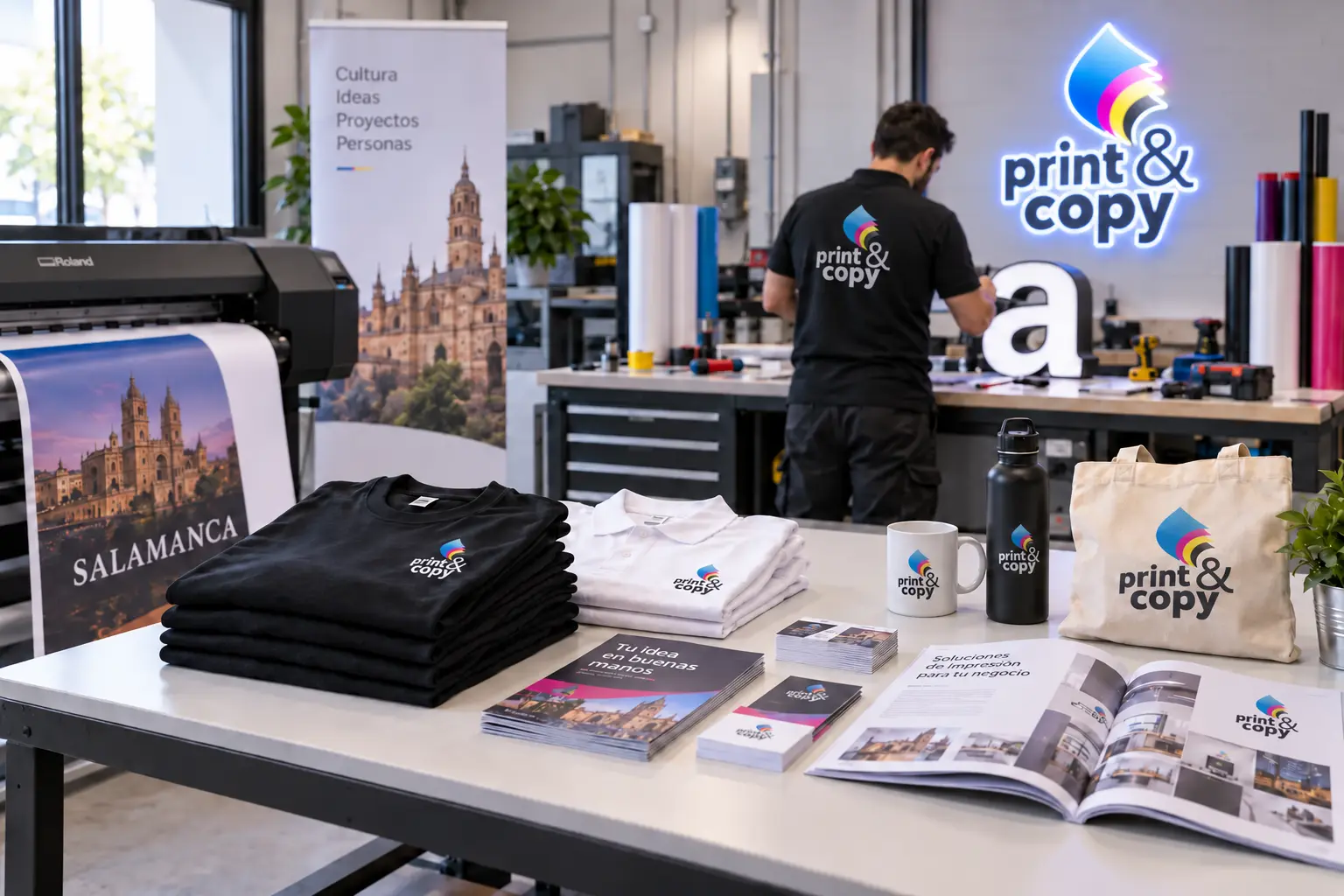 Taller de Print & Copy con trabajos de rotulación, textil, merchandising, imprenta, neones y gran formato