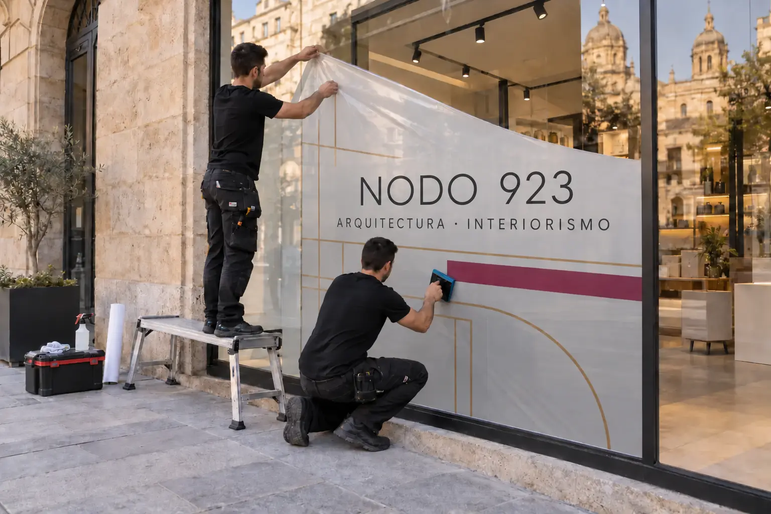 Dos instaladores colocando un vinilo de NODO 923 en un escaparate de Salamanca