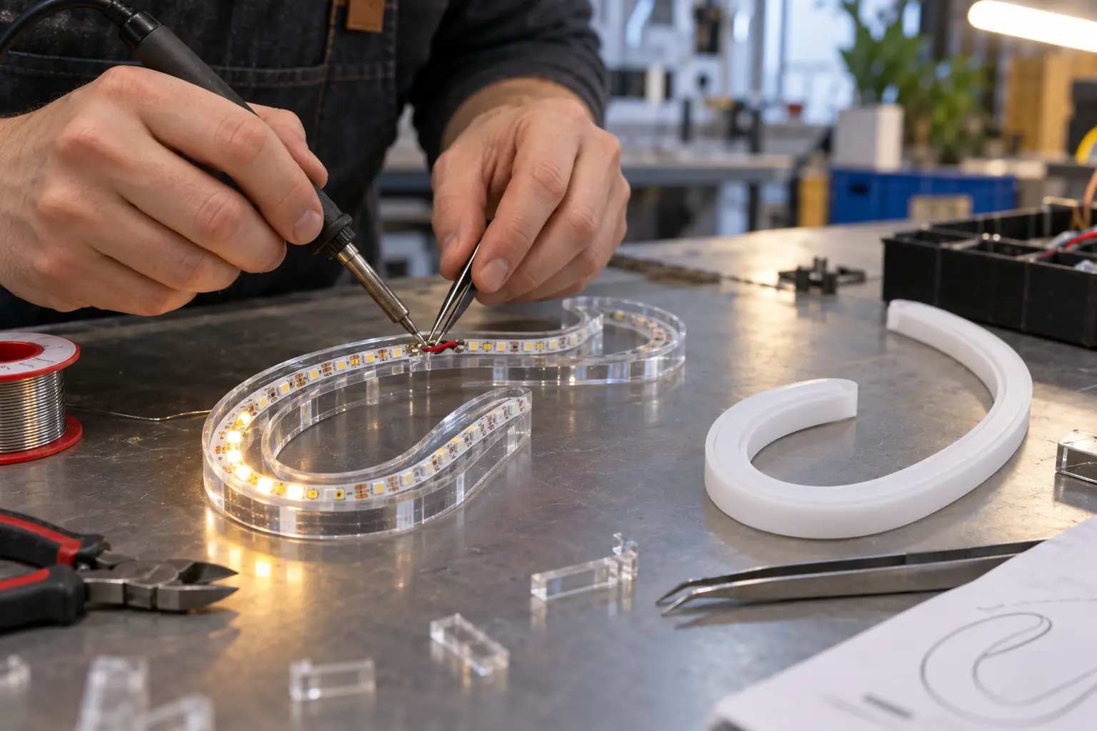 Fabricación de un neón LED de dos piezas, con tira LED y difusor de silicona separado
