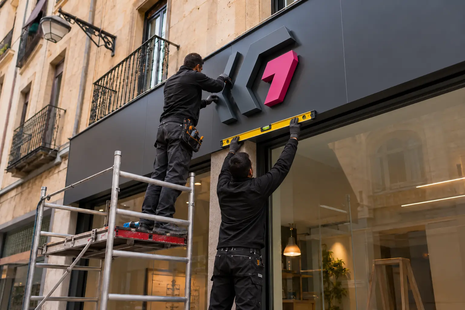 Dos instaladores montando un rótulo corpóreo en una fachada comercial