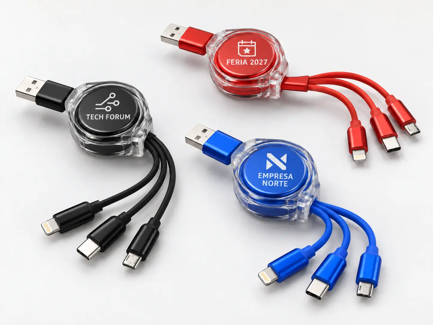 Cargadores 3 en 1 personalizados con conectores iPhone, USB-C y Micro USB