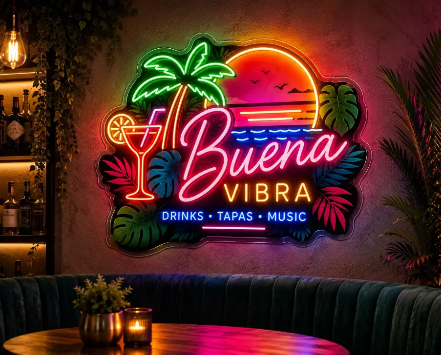 Neón multicolor Buena Vibra instalado en la pared de un bar