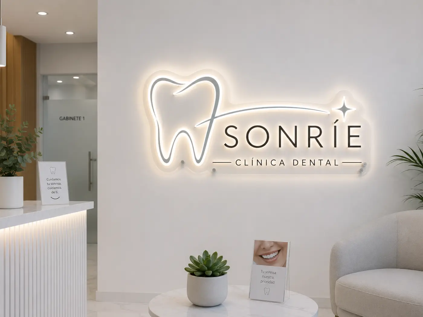 Neón blanco con el nombre Sonríe instalado en la recepción luminosa de una clínica dental