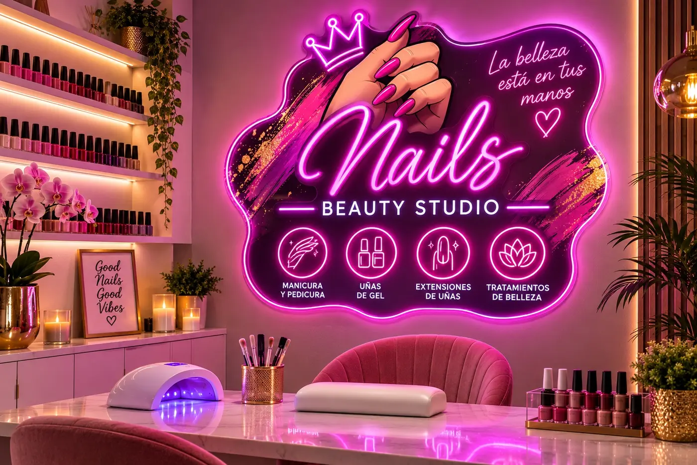 Neón personalizado Nails Beauty Studio con servicios integrados en un salón de belleza