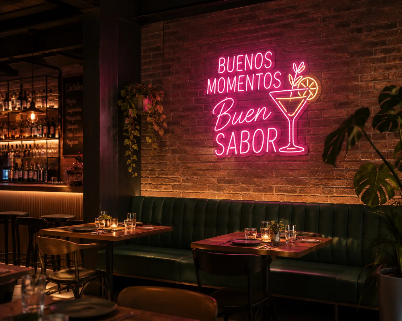 Neón rosa con el texto Buenos momentos, buen sabor y una copa sobre la pared de ladrillo de un restaurante