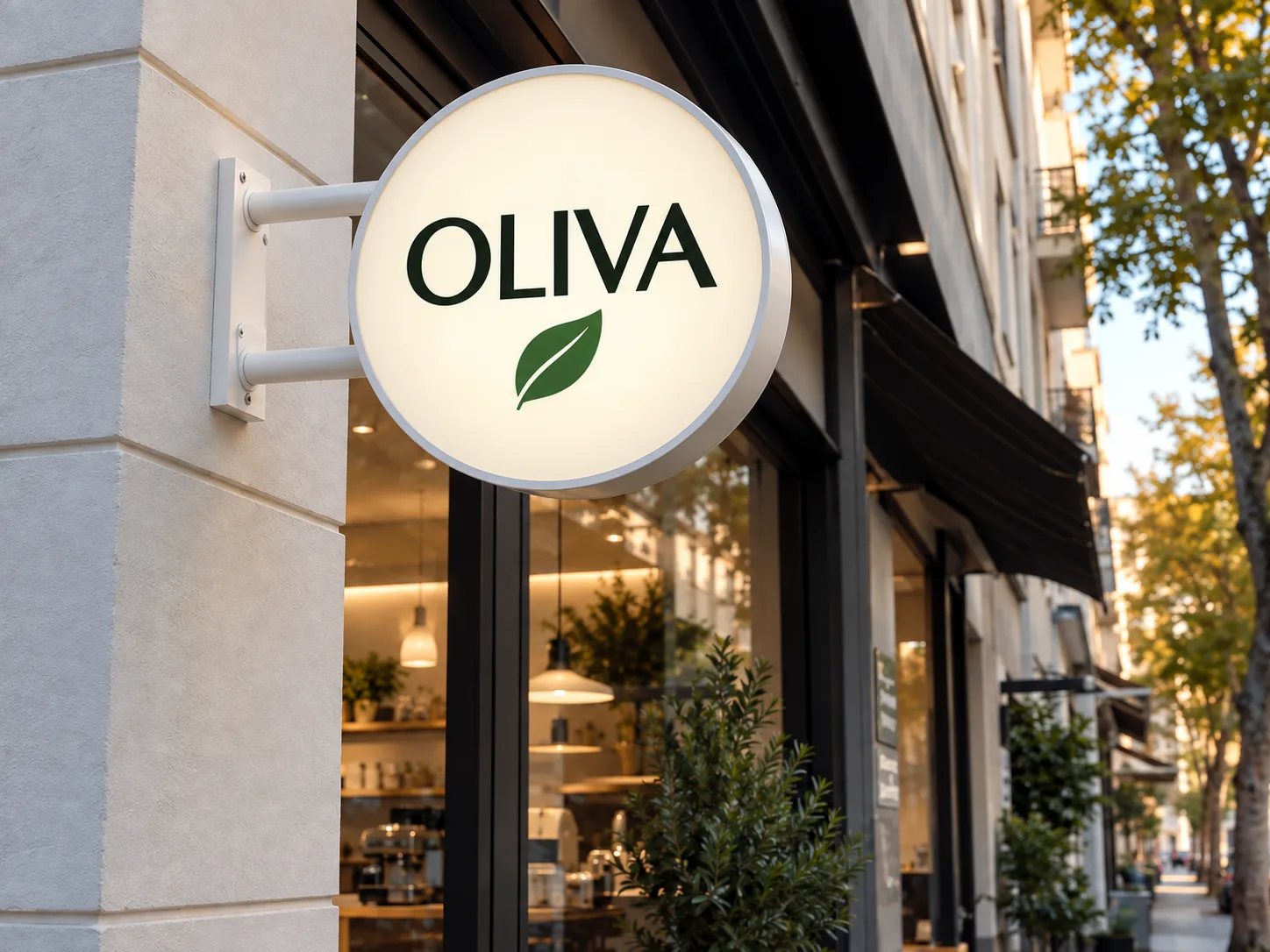 Banderola luminosa circular OLIVA, ligera y de perfil fino, instalada perpendicularmente a una fachada comercial