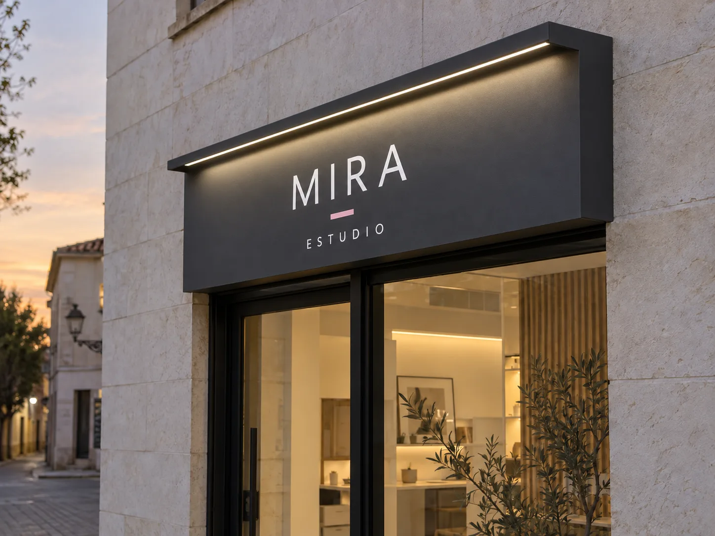 Rótulo MIRA en Alucobond con un pliegue superior que oculta la tira LED e ilumina el frontal