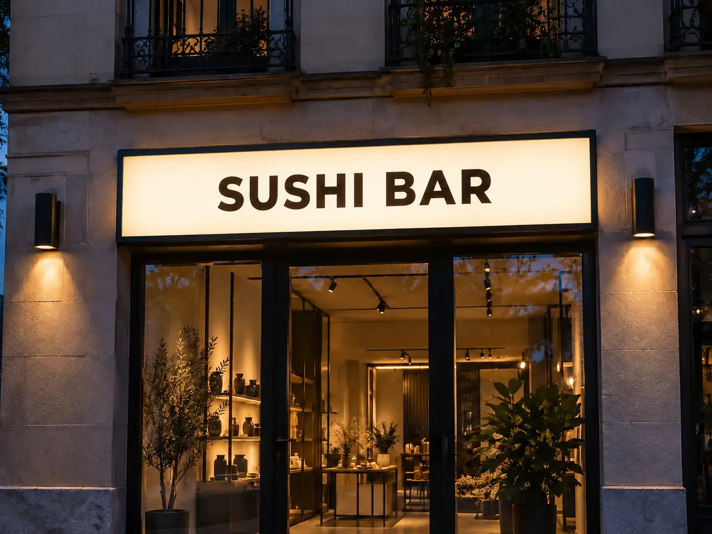 Rótulo luminoso frontal SUSHI BAR instalado sobre la entrada de un comercio