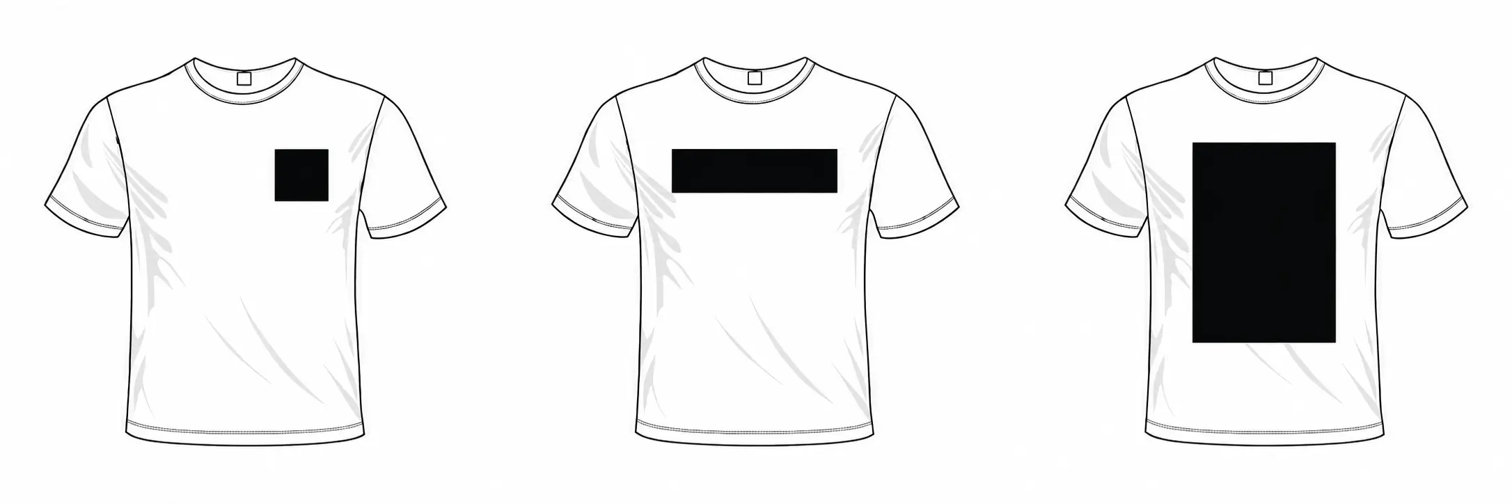 Tres camisetas que comparan las áreas máximas de estampación de 10 por 10, 30 por 10 y 30 por 40 centímetros